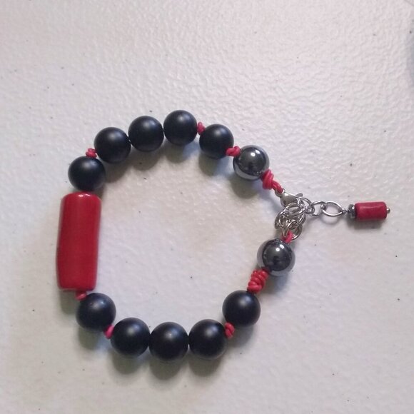 Red & Black Power Bracelet! Professional Wardrobe! Coral Hematite + Stone Beads - Picture 5 of 13